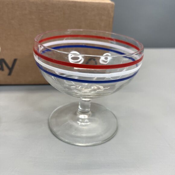 VTG Clear Glass Sherbet Dessert Bowls Footed Dishes Red White Blue Accent Rims - Picture 3 of 9